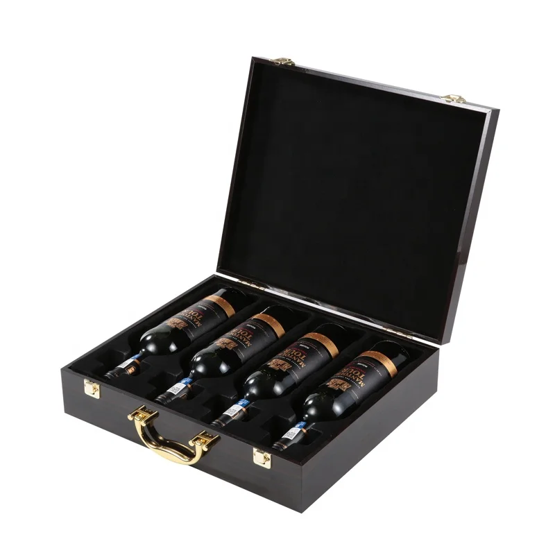 Деревянная коробка для красного вина с мягким матовым лакированным принтом и логотипом на заказ, роскошная деревянная текстурированная коробка для красного вина с 4 бутылками