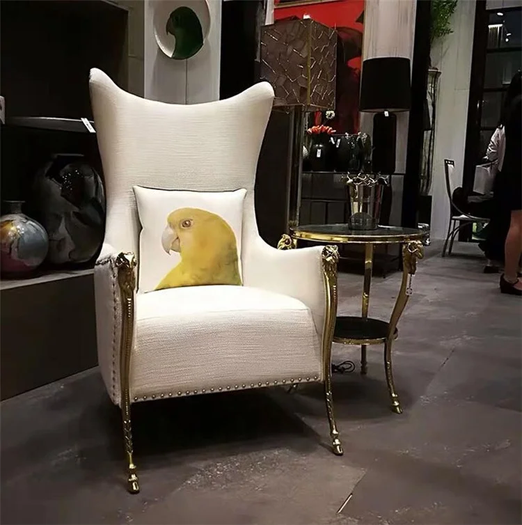 Noble Design Single Sofa Chair Rams Head Decor Pure Copper High Back Chrome Gold Finish Genuine Leather Wood Home Furniture