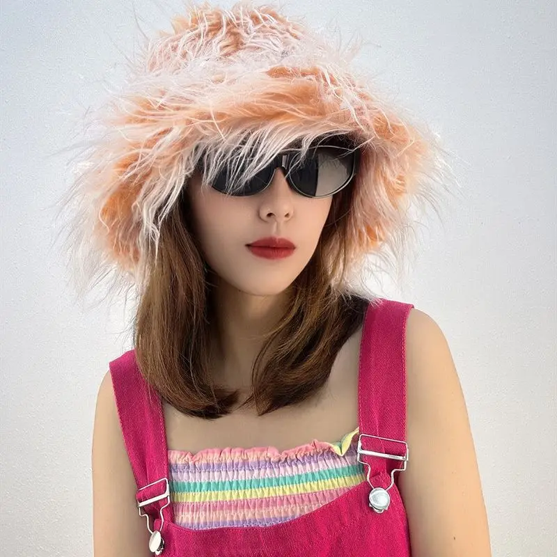 J&H 2023 trendy fuzzy buckets hats ladies y2k furry winter hats women fashion warm feather hats tops