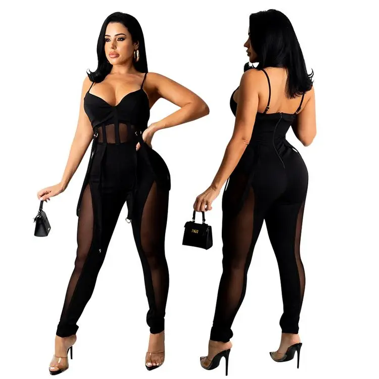 2021 Womens Solid Bodycon Jumpsuit One Piece Sleeveless  Strap Belted Skinny Pants With Pocket
