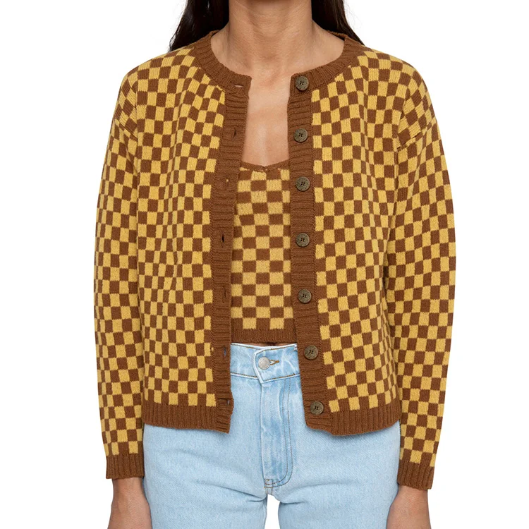 Custom vintage plaid jacquard soft sweater tank top and pure wool sweater cotton cardigan coat two pieces jumper set for woman