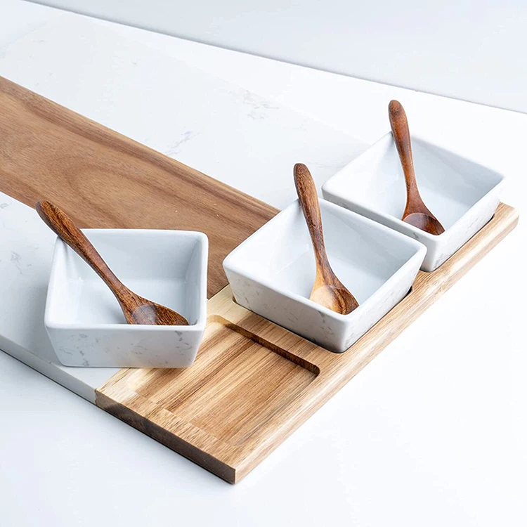 Hot Selling Charcuterie Serving Platter Wood Marble Cheese Board Set With 3 Bowls 3 Spoons 4 Cheese Tools Kitchen Accessories
