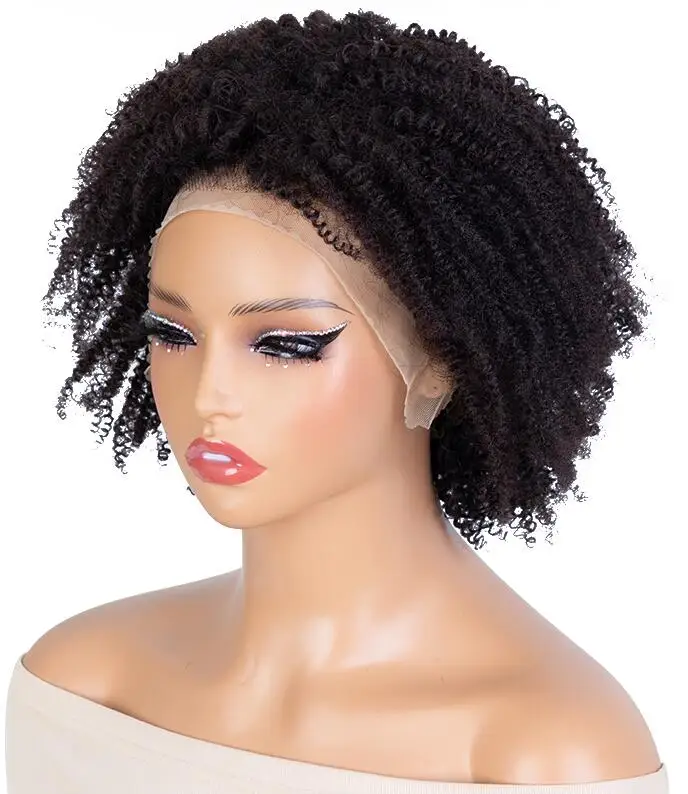 Brazilian Pixie Cut Short Swiss kinky Curly Glue Adhesive Waterproof Transparent Wig Frontal Human Hair 13*4 Lace Front Wigs