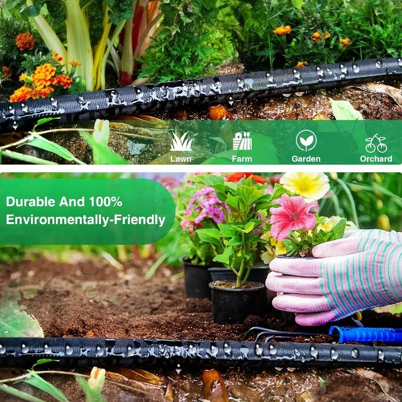 Soaker Hose Garden Beds, Flat Soaker Hose Save 80% Water, Lightweight Tough Drip Hose for Lawn, Plants
