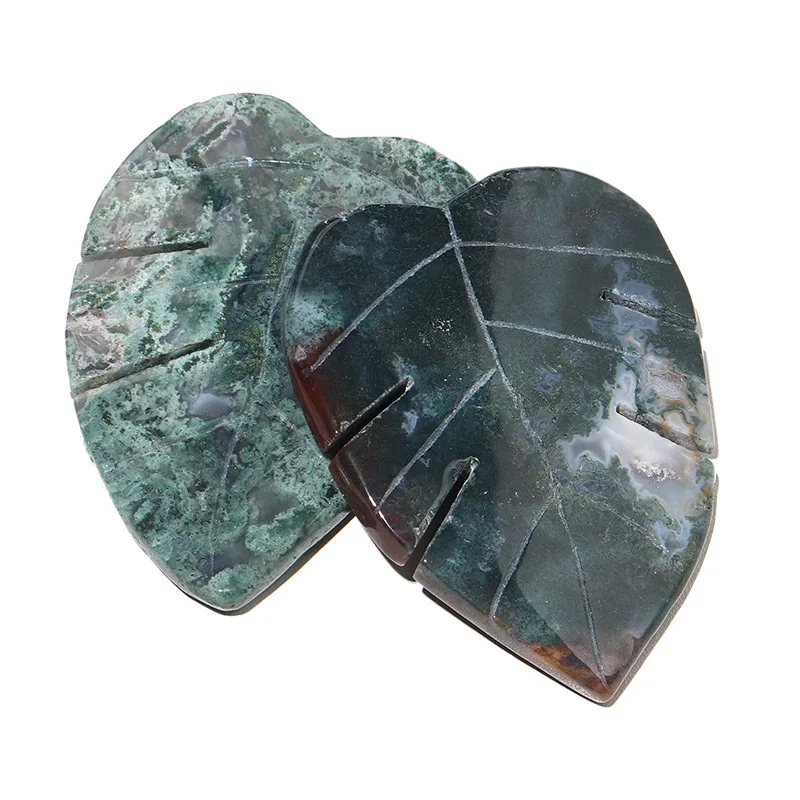New arrivals hand carved healing stones crystal crafts natural leaf shaped moss agate