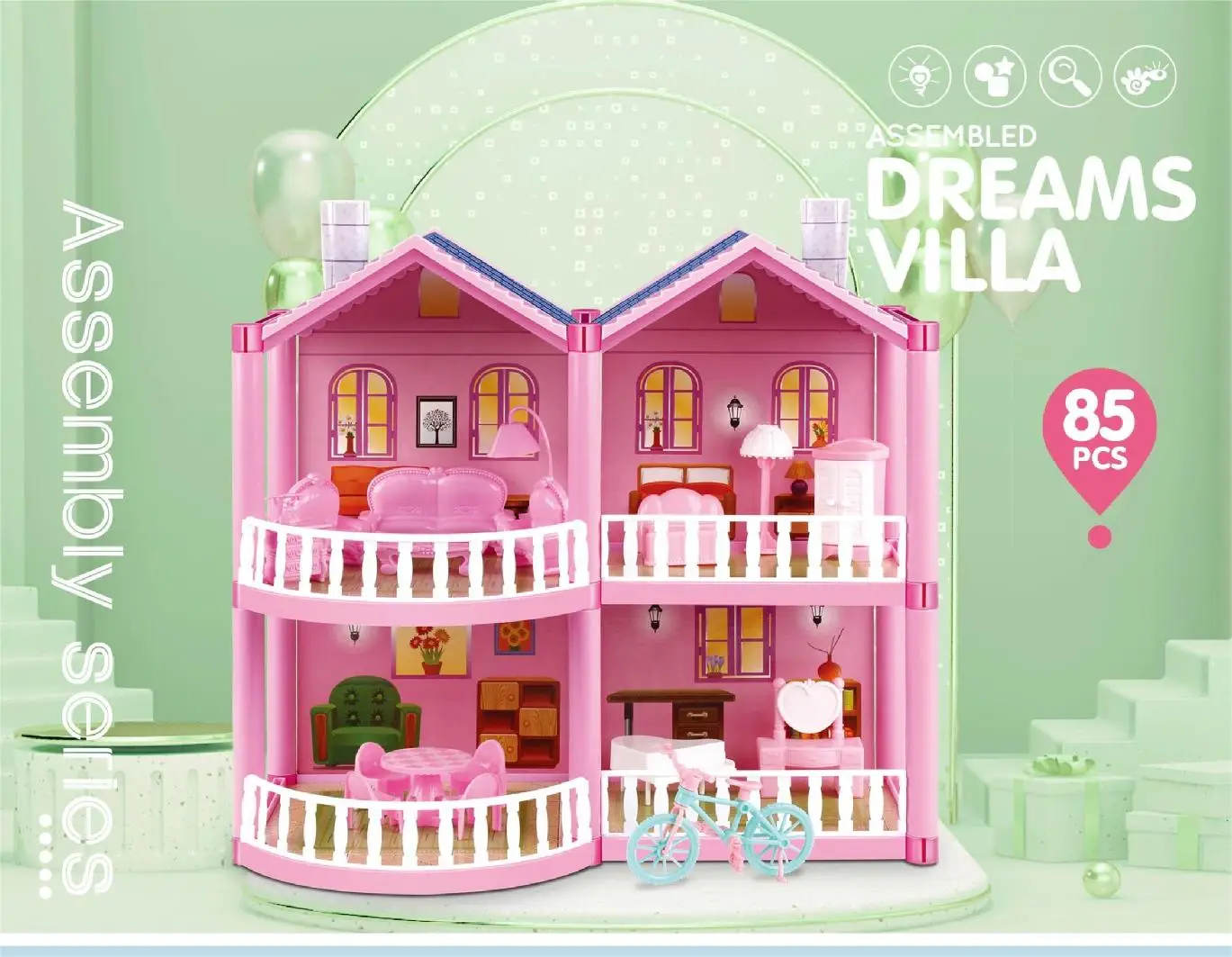 Girls Pretend Role Play Villa House Toy, DIY Princess Model With Furniture Doll House