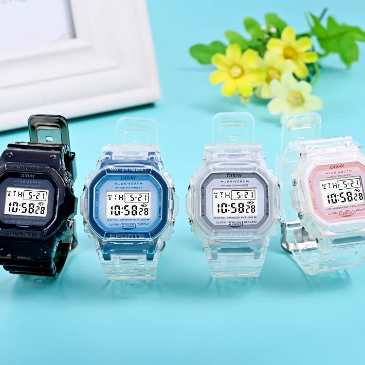 Transparent soft PU strap Cool  Alarm Timing Waterproof Square Display Date Digital Wrist Watch for women