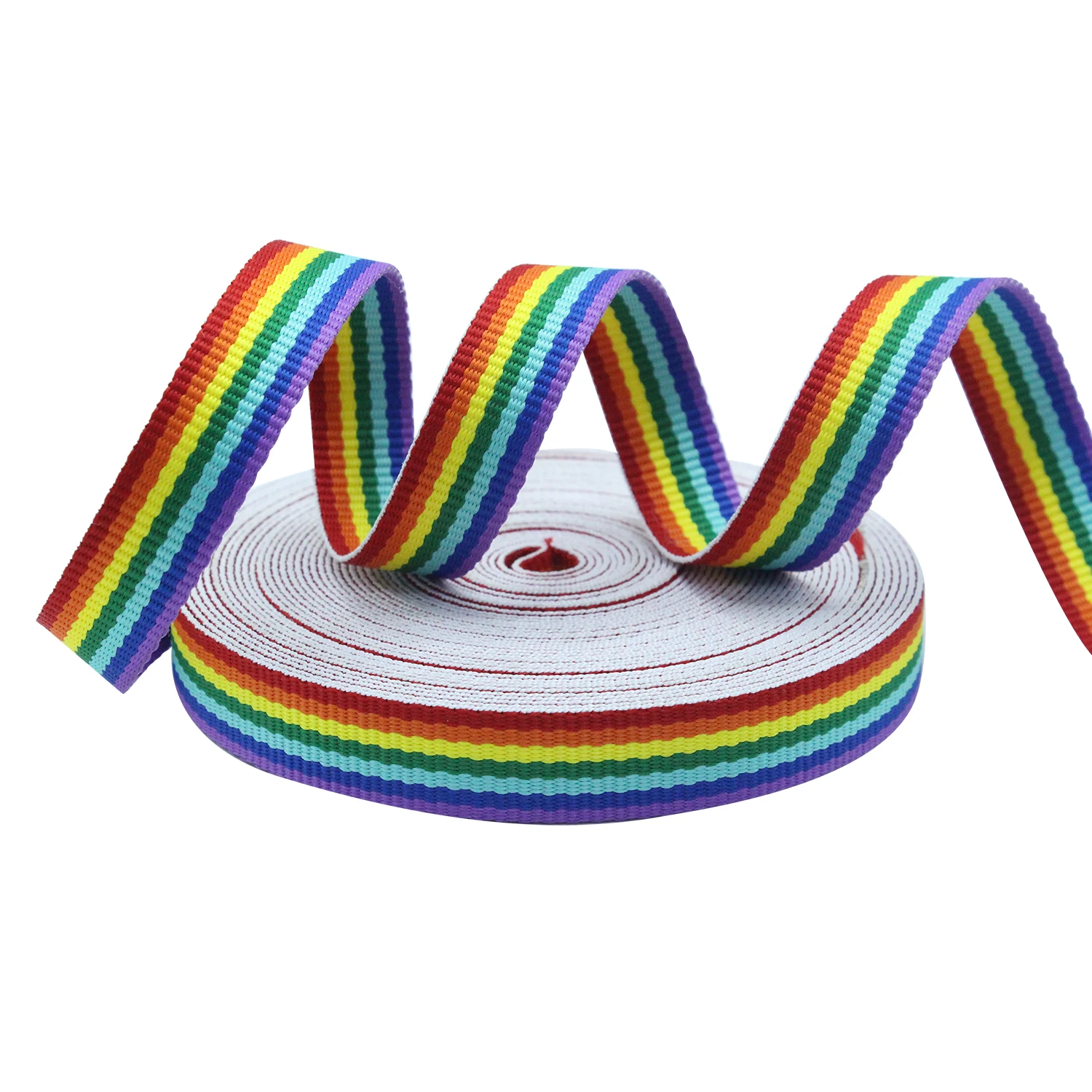 Factory custom intercolor polyester bag webbing Polyester rainbow striped webbing rainbow webbing strap irisated for bag