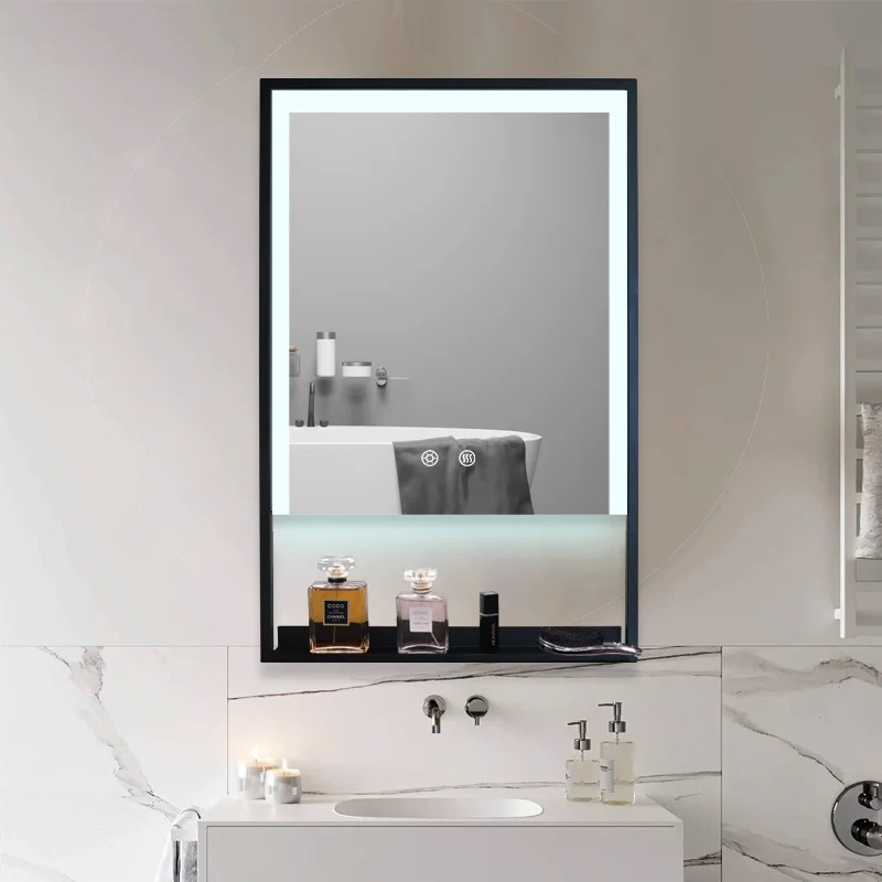 Black Rectangle Storage Rack Wall Led Mirror Touch Sensor Smart Bathroom Vanity Led Mirror with Light