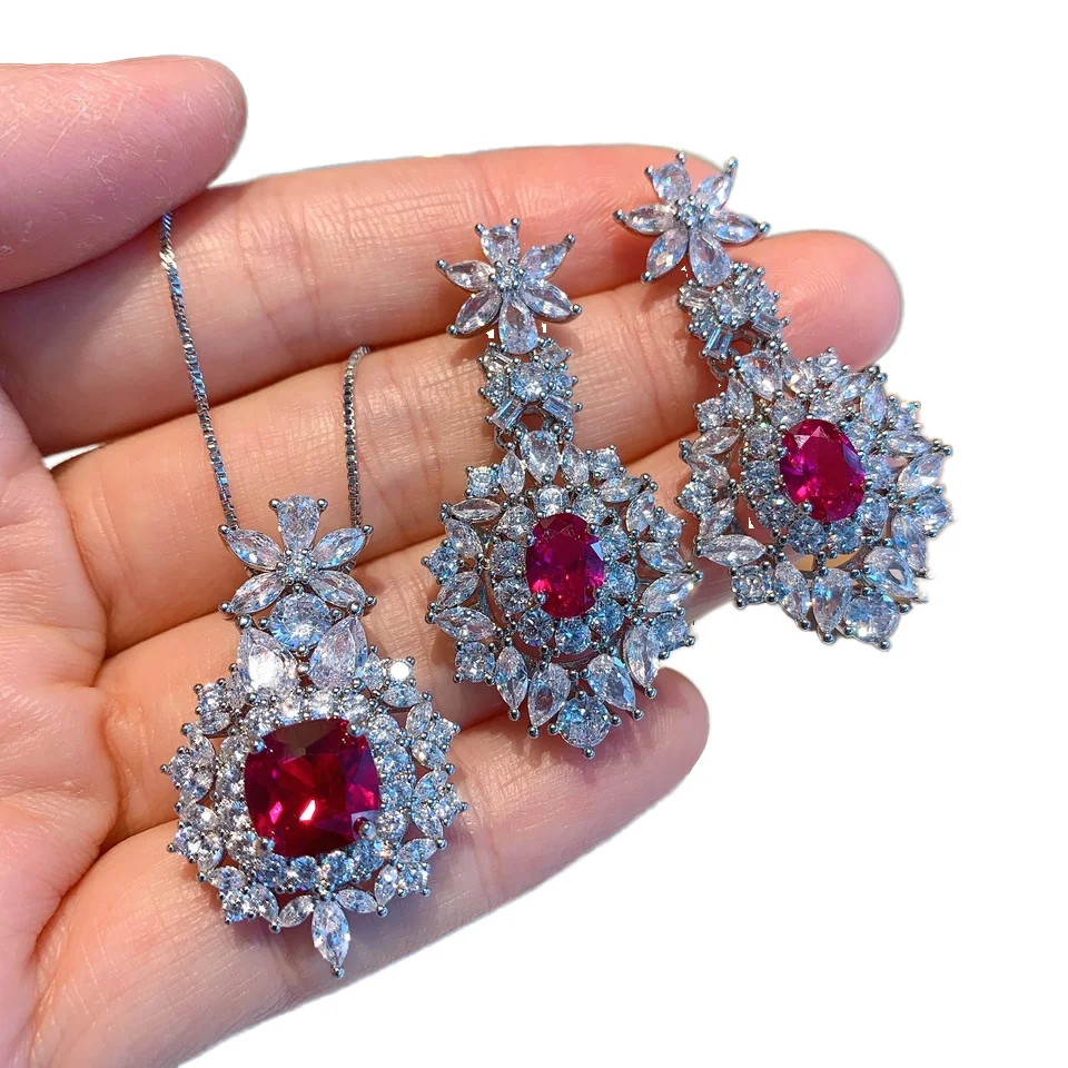 9*9* 6*8 Retro Gemstone Zircon Jewelry Sets Luxury Wedding Red Cubic Zirconia Necklace Earrings Jewelry Set for Women