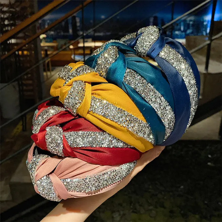 JIRIS Fashion Bling Headband Solid Color Satin Crystal Rhinestone Headband Rhinestone Glitter Headband For Women