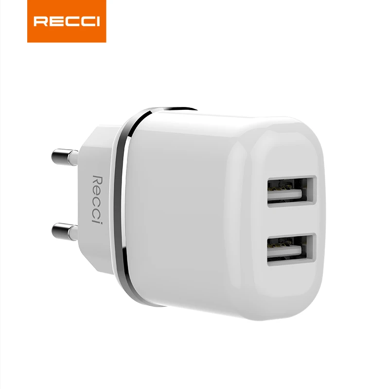 Recci High quality portable EU plug 5V2.4A Dual port  travel charger wall charger USB home adapter for iPhone mobile phone