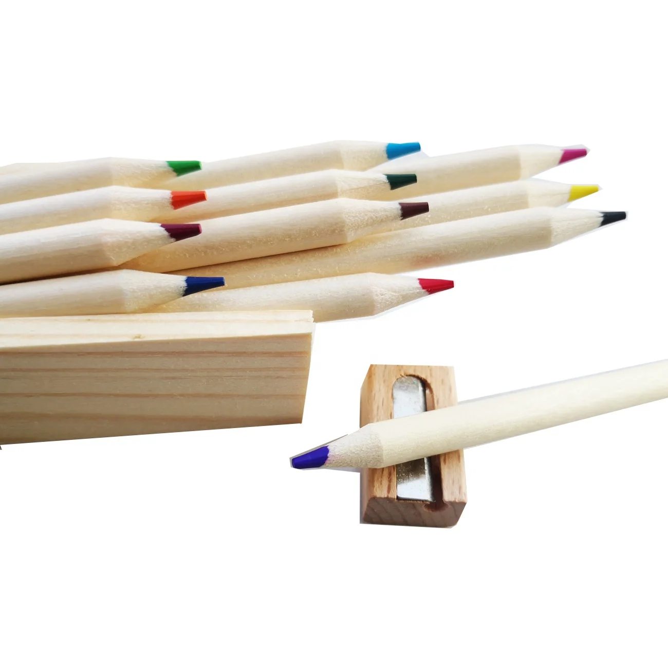 Wholesale 12 Natural Coating Wooden Color Pencil with Wooden Box, Sharpener and Ruler