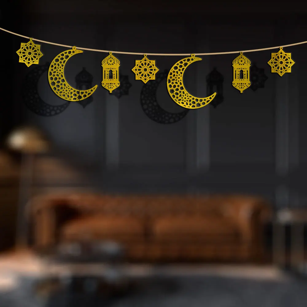 Shinny Star Moon Lantern Ramadan Garland EID Decoration Home Happy Ramadan Mubarak Party Decor Hanging Backdrop Muslim Banner