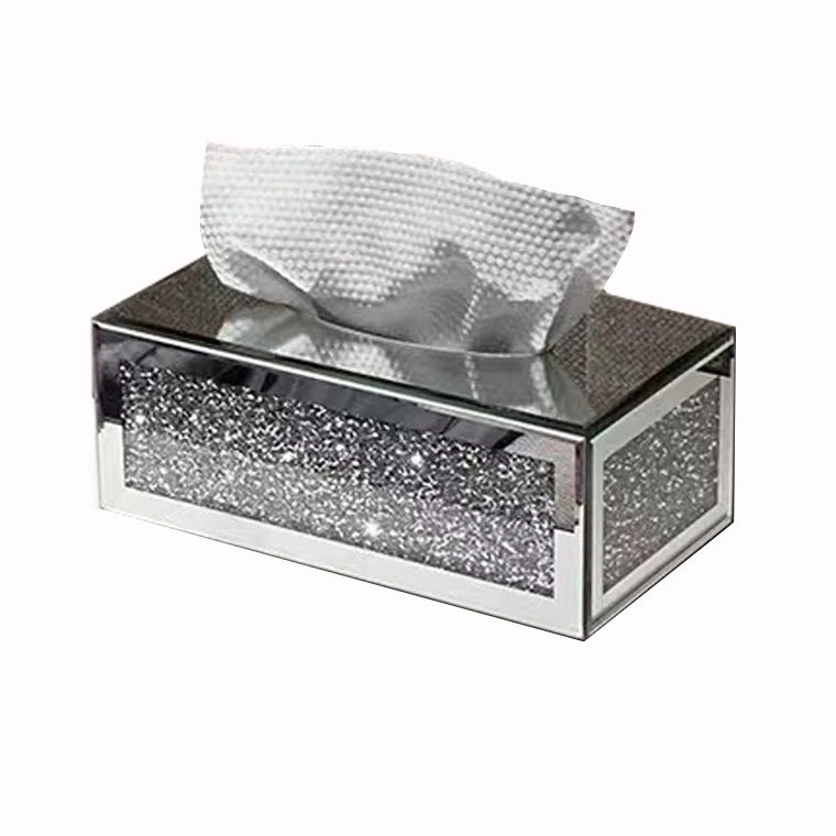 Crushed Diamond Mirror Silver Luxury Unique Crushed Diamond Rectangular Mirrored Tissue Box Tissue Holders Mirror Tissue Box