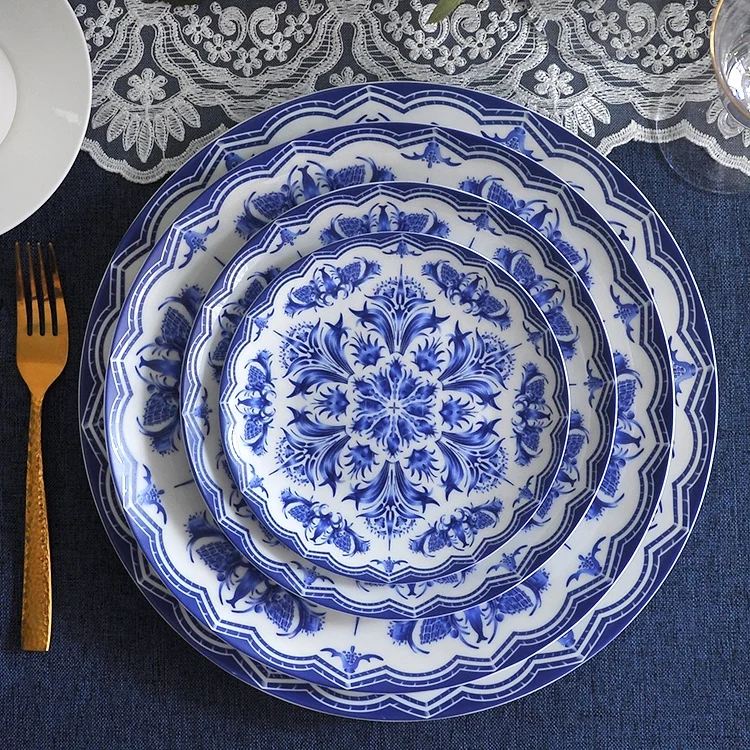 custom logo china tableware blue and white flower ceramic Dessert Plates set for wedding