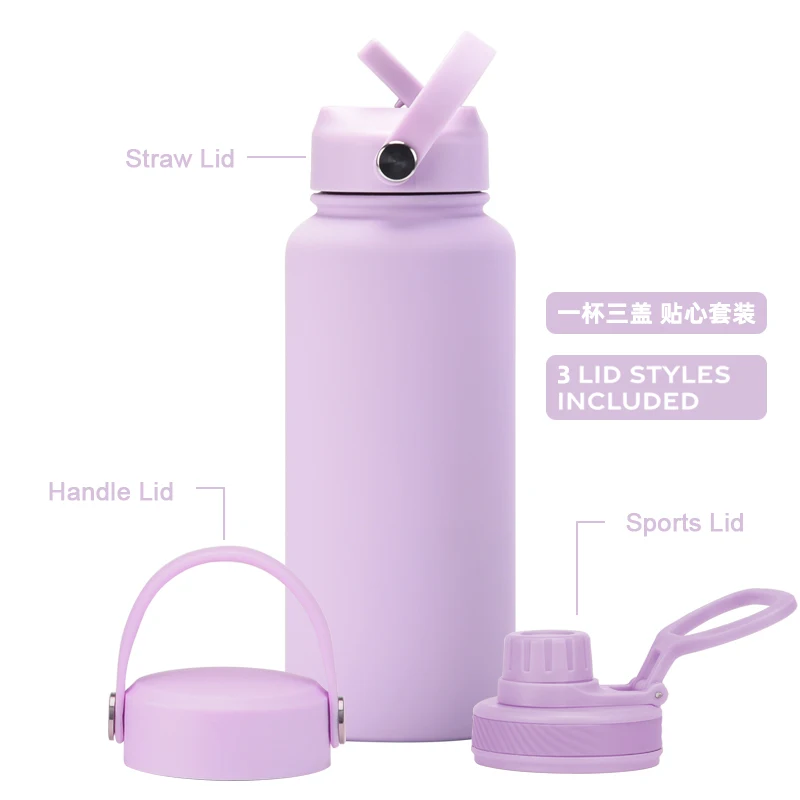 Double Wall Stainless Steel Vacuum Bottle with Three Different Lid Sports Lid and Straw Lid Vacuum Flask Customized Acceptable