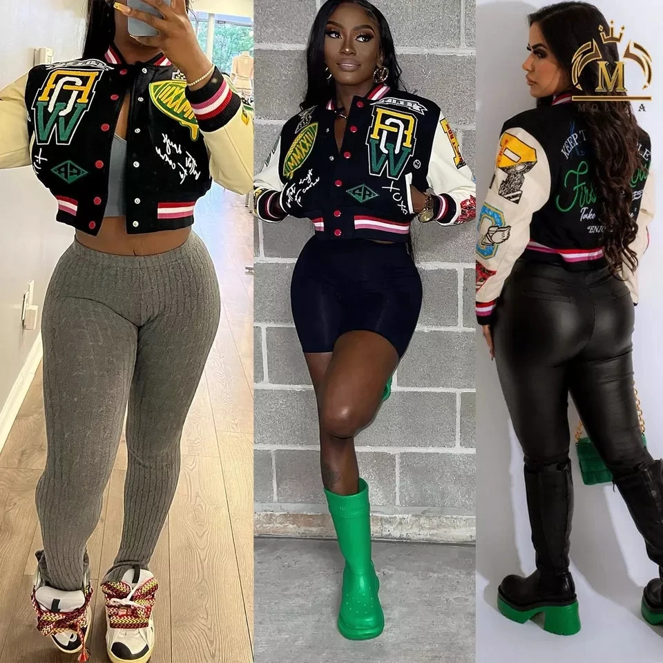 OLAF Wholesale Long Sleeves Coats Letter Printed Varsity Baseball Jacket Women Unisex Crop Letterman Varsity Jacket