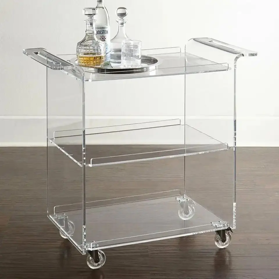 Custom Acrylic Bar Cart Transparent Acrylic Serving Trolley For Home /Hotel /Restaurant