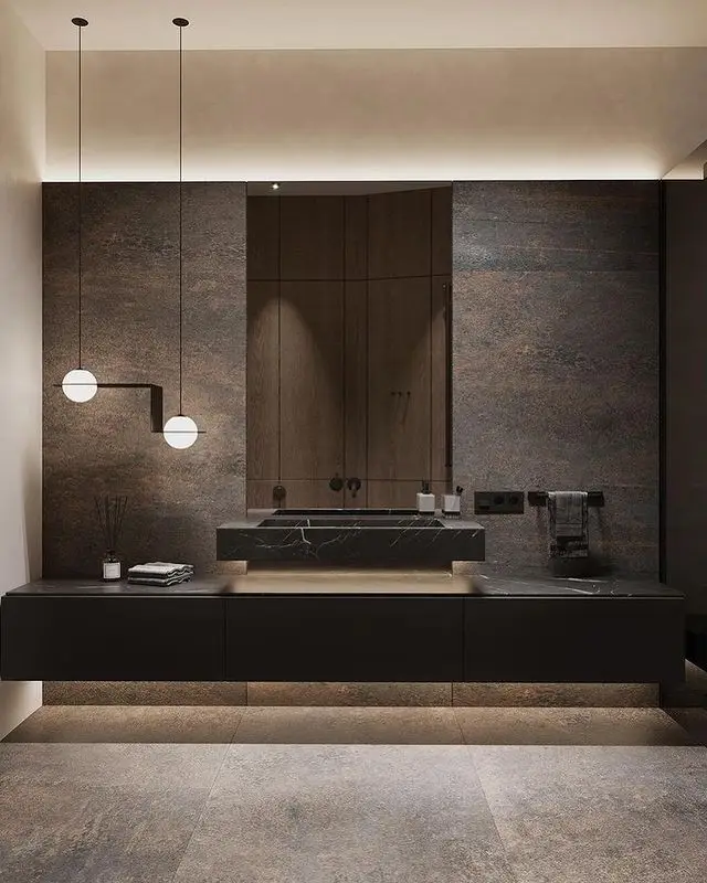 Natural Marble Wall Mounted Bathroom Vanity with LED Backlit Mirrored Cabinets