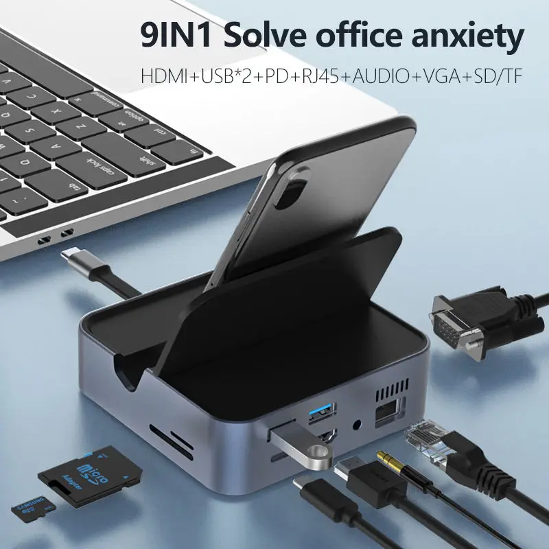 Лидер продаж 4K HD 9 в 1 многопортовый 2xUSB2.0 SD/TF карта 3 0 USB C адаптер концентратор для ПК ноутбука телефона