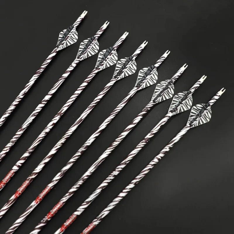 6/12pcs ID 6.2mm 30in Sp400 Pure Carbon Zebra Skin Arrow with 2in Tiger Stripe Vane Arrows Recurve/Compoud Bow Hunting Shooting