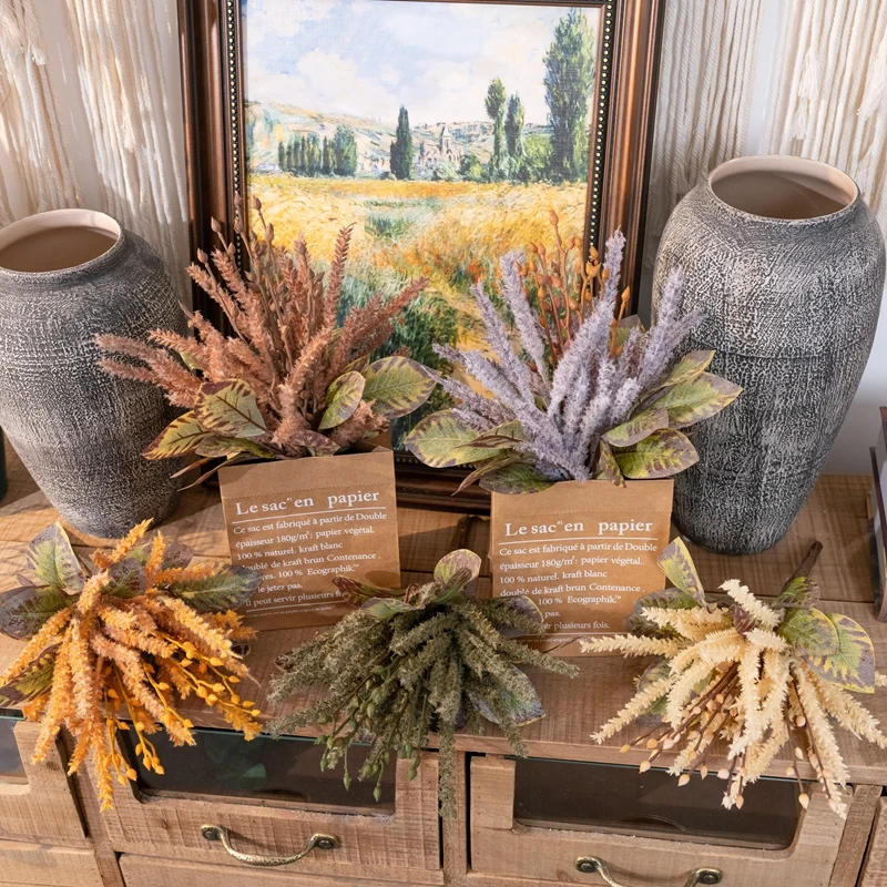 CL62001 Flocked Sage Bouquet Leaves Wheat Floral Arrangement Faux Fall Flower Branches for Thanksgiving Table Centerpieces Decor