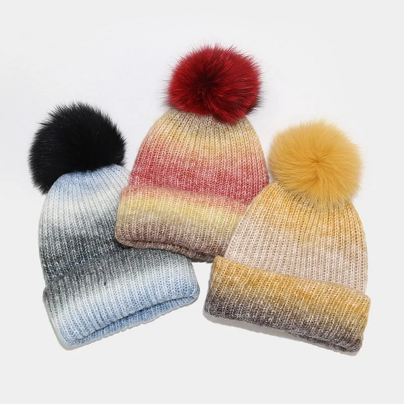 Manufacturers Custom Jacquard Knit Mohair Winter Pom Beanie Hat with Faux Pompom for Women