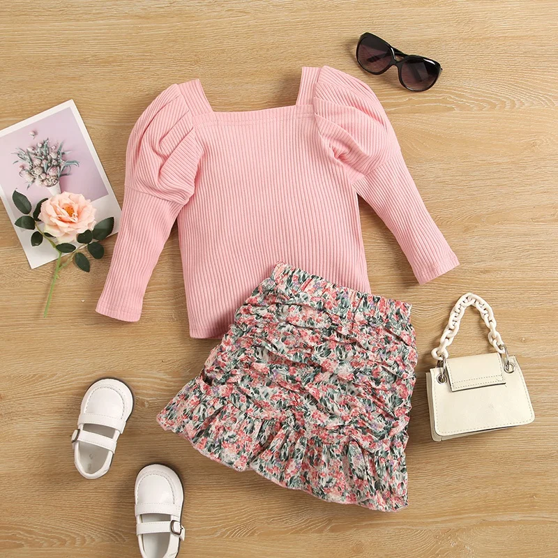 Wholesale size 5T baby girls spring sets puff sleeve square neck knitted sweater ruffle floral skirts clothes for girl