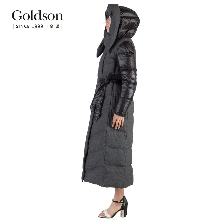 Ladies belt long down parka yarn dyed fabric fashion women winter down jacket