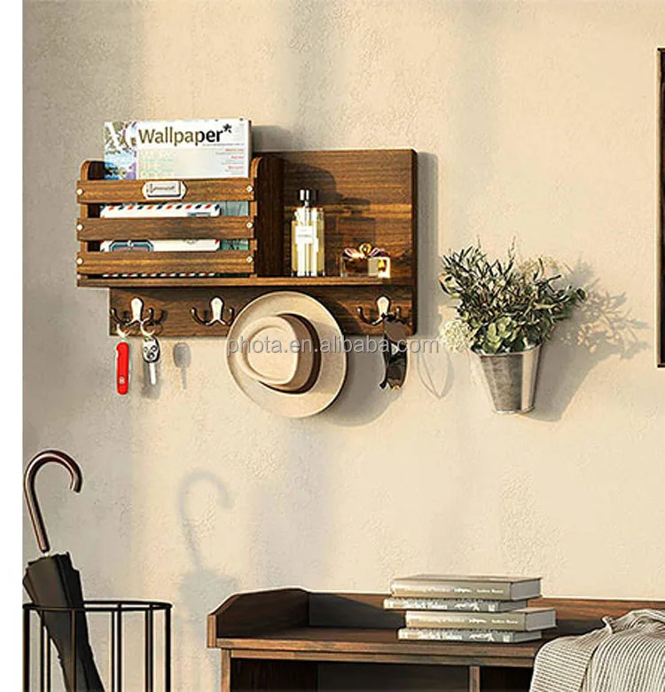Mail Holder Organizer with Tags & 4 Double Key Hooks Rustic Wood Mail Sorter Key Holder Home Decor for Entryroom