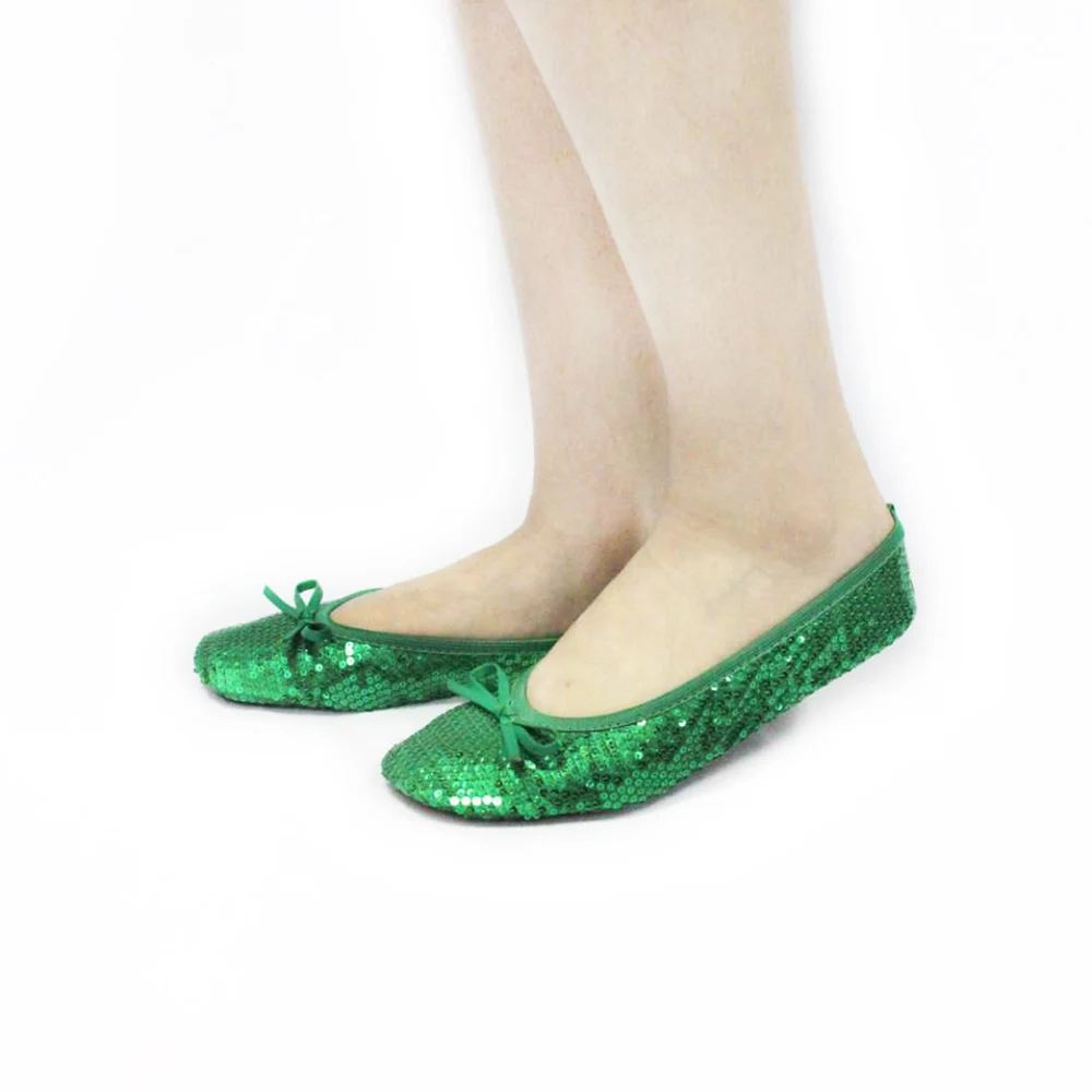 Customized Trendy Evening Party Flats Black and Silver Sequin Foldable Shoes with Bag