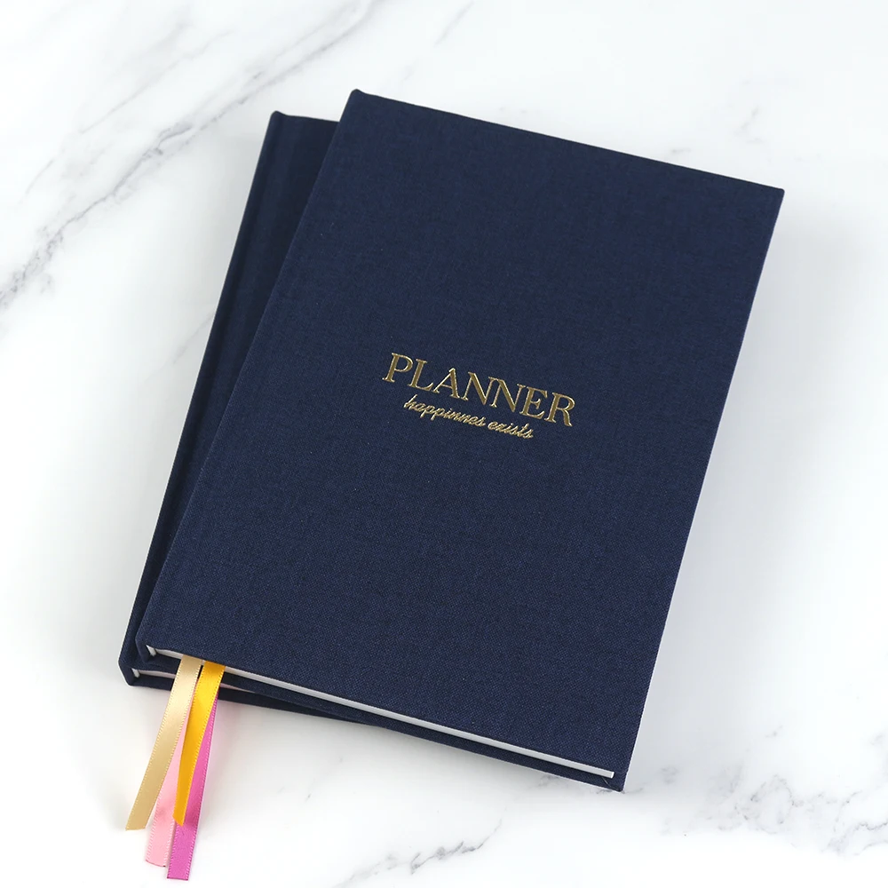 Custom daily planner with gold foil stamping logo black fabric notebook custom bible journal