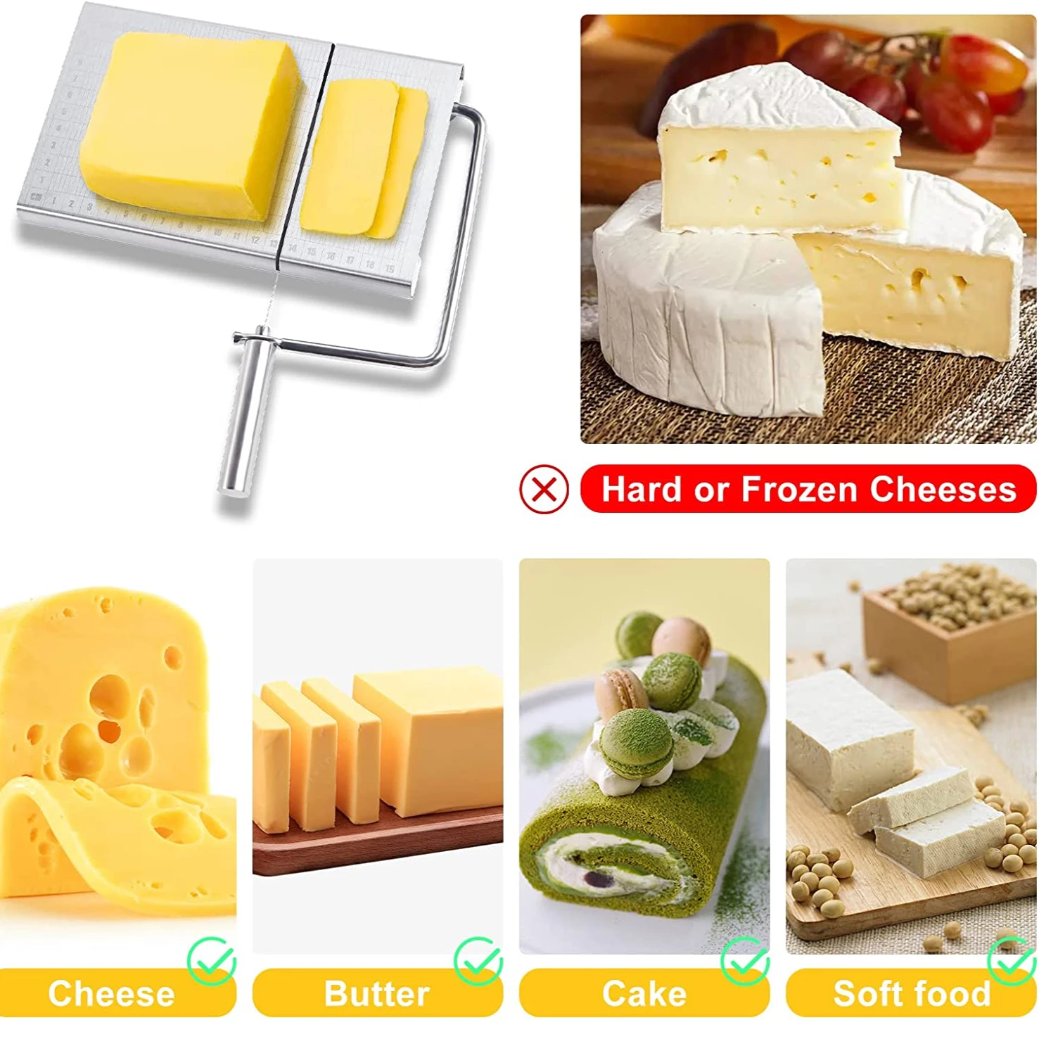 Stainless Steel Cheese Slicer Cutting Board with 5 Replacement Wires Cheese Cutter for Block Cheese