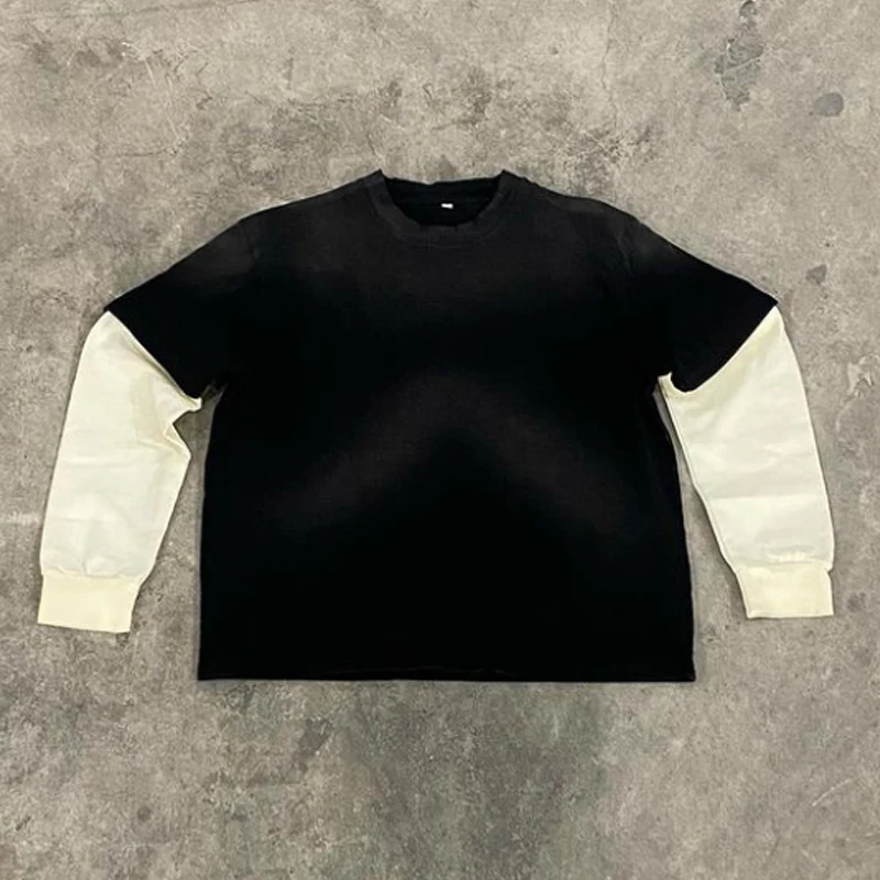 Blank T Shirt Screen Printing Raw Hem French Terry T Shirt Double Layered Long Sleeve Oem Custom Heavy Cotton for Men