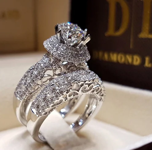 Trendy Loftily 925 Silver Bling Tik Tok Double Ring CZ Diamond Wedding Ring For Women