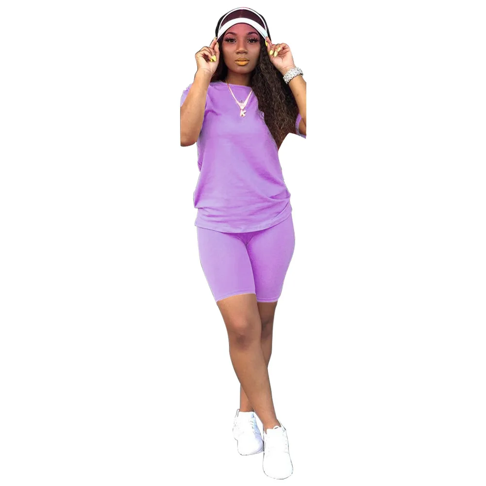 Spring sportswear casual round neck short ensembles two piece sets for ladies breathable solid logo custom 2 piece set women