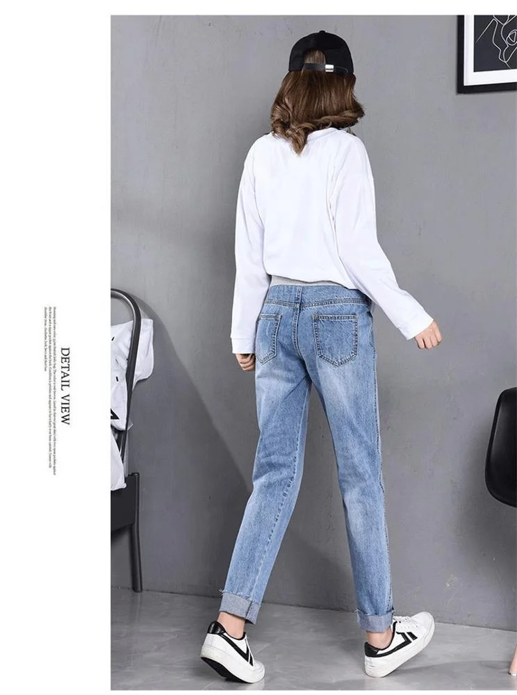 Потертая джинсовая ткань для беременных прямые джинсы стрейтч Осенняя мода Высокая талия живот брюки для беременных женщин