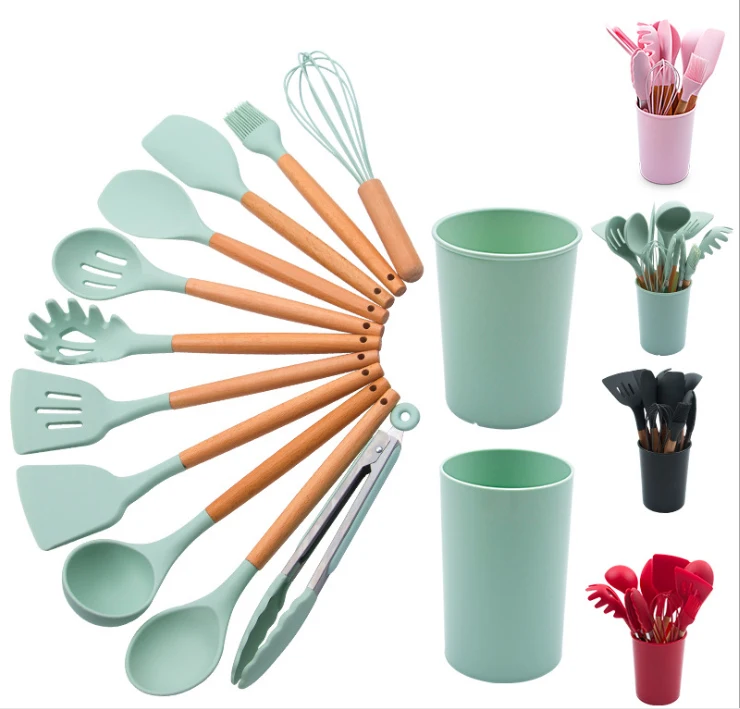 Eco-friendly 12 Pieces In 1 Set Silicone Kitchen Accessories Cooking Tools Kitchenware With Wooden Handles
