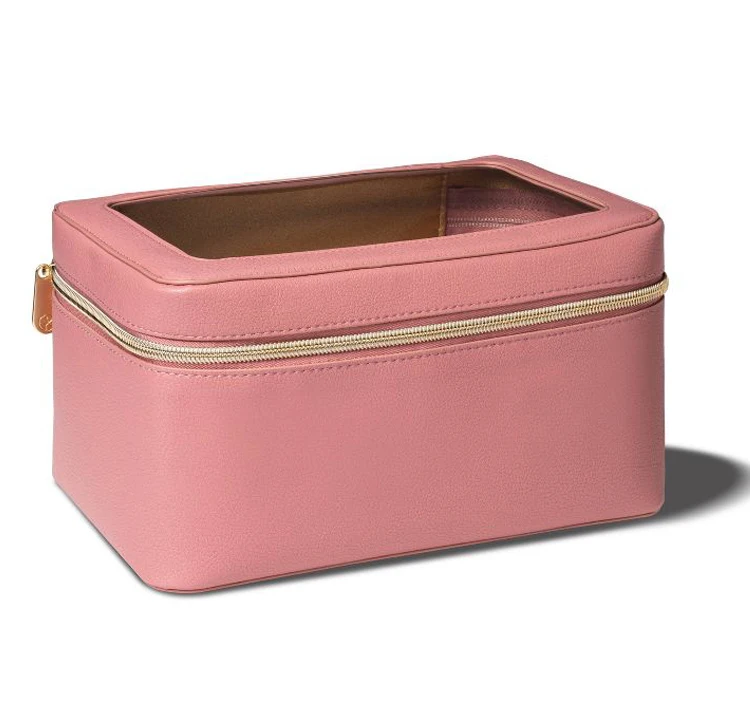 See-through Transparent Top Pink Faux Leather Makeup Case Custom Rectangular Pu Cosmetic Bag with Clear Pvc Window
