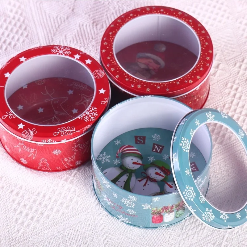 XJH Christmas Tins with Window Cans Cookie Box Santa Gifts Box Round Cake Tin Box Christmas Tin for Gift Candy Cookie Package