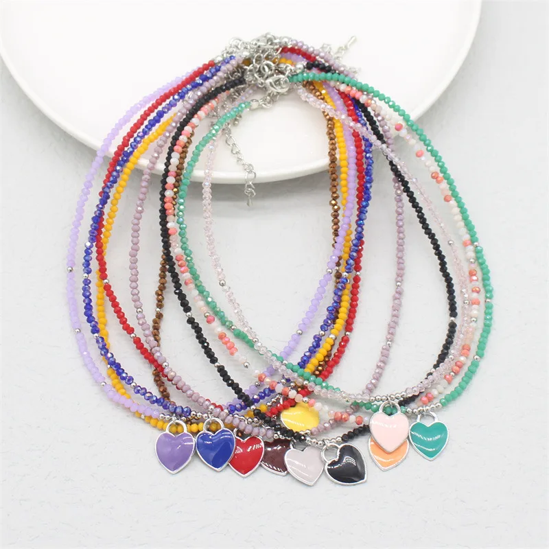 Free Heart Charm Chain Choker Necklace Jewelry Dainty Neon Pink Blue White love heart Enamel Charm Necklace pendant