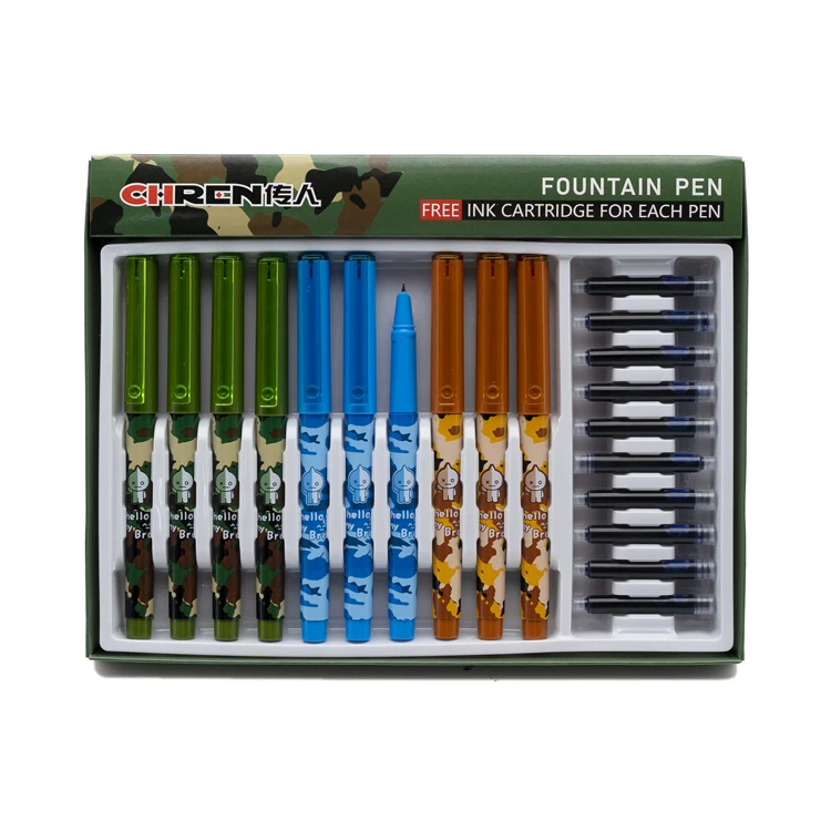 Cheap Hot Sale Promotion 10 pens + 10 cartridges Heat Transfer Plastic Fountain Pen EF Small Nib