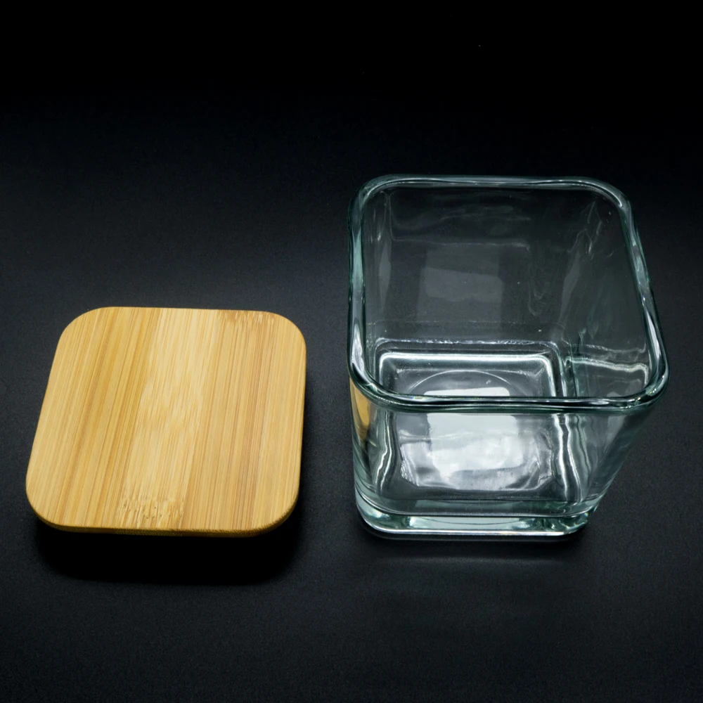 Wholesale Wide Mouth Square Bamboo Wooden Lid For 500 ml Glass Jar Borosilicate Water Bottle Storage Container