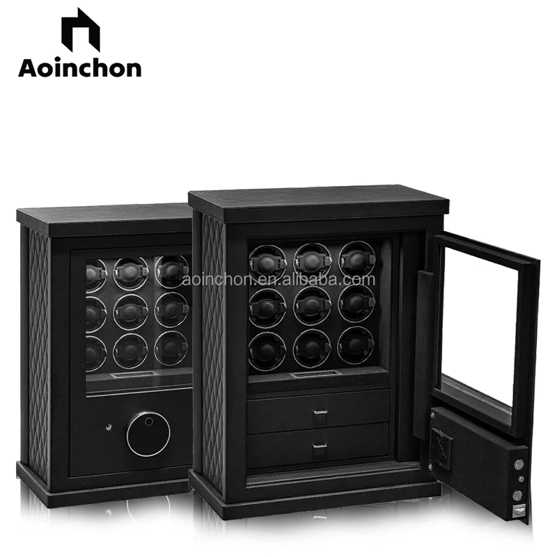 Watch Winder 9 Solt Fingerprint/Key/Password Unlock Explosion-proof Glass with Two Storage Drawer Touch Screen Led Light