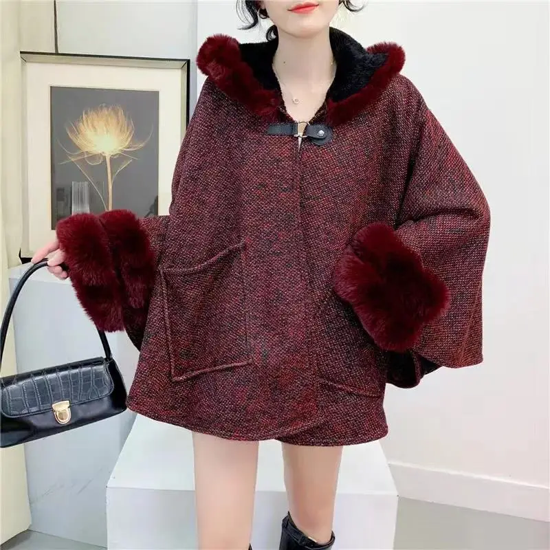 Faux Rabbit Fur Neck Big Pendulum Cloak Women Cardigan Mantle Winter Warm Thick Poncho Loose Streetwear Overcoat With Hat Pocket