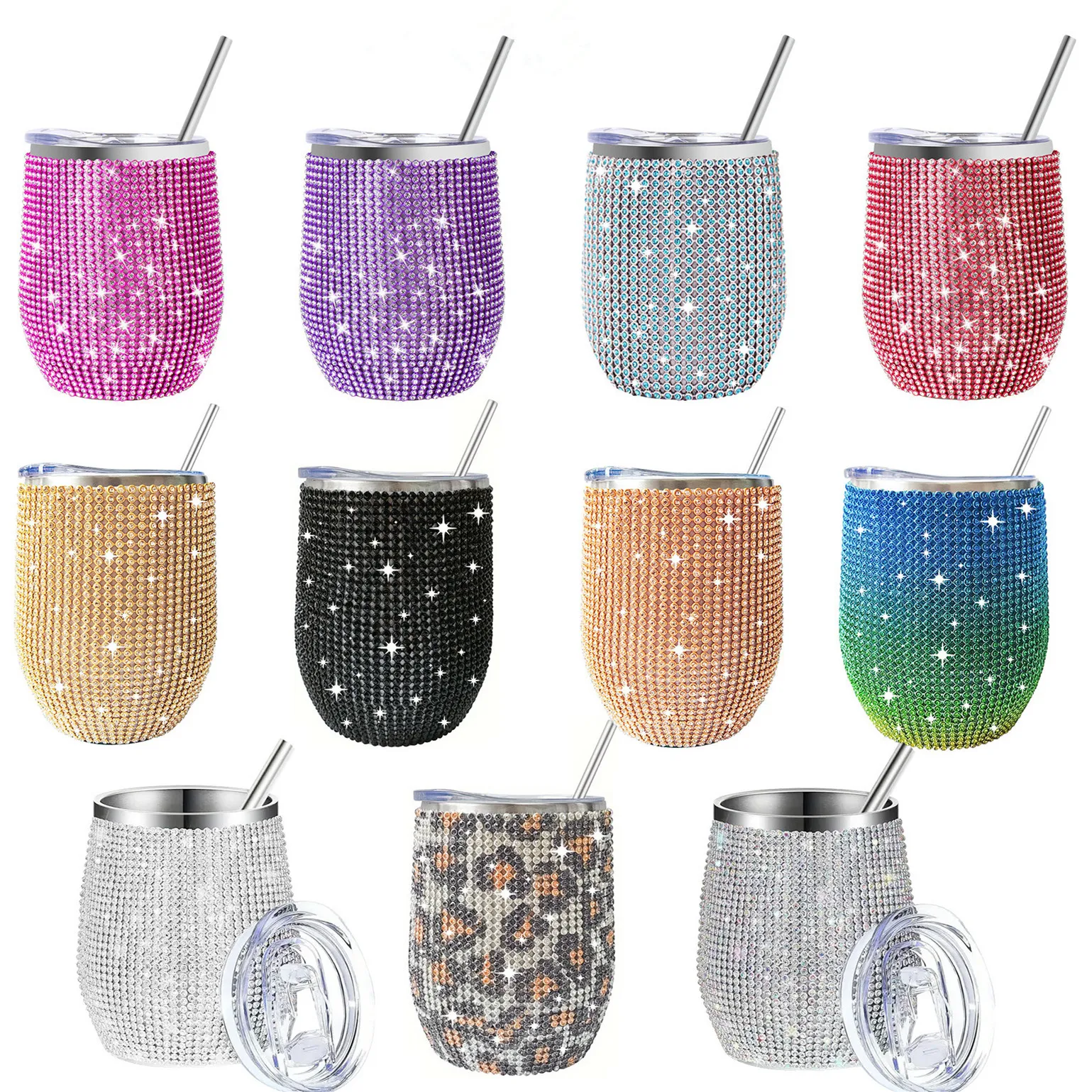 2024 Hot Sale Double Layer Stainless Steel Straw With Diamond Inlaid Tourism Vacuum Insulation Cup