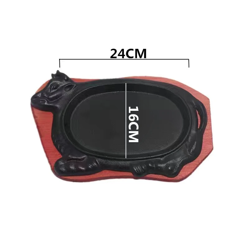 China Casting Foundry Wholesale Cast Iron Cow Shaped Sizzle Plate With Wood Base