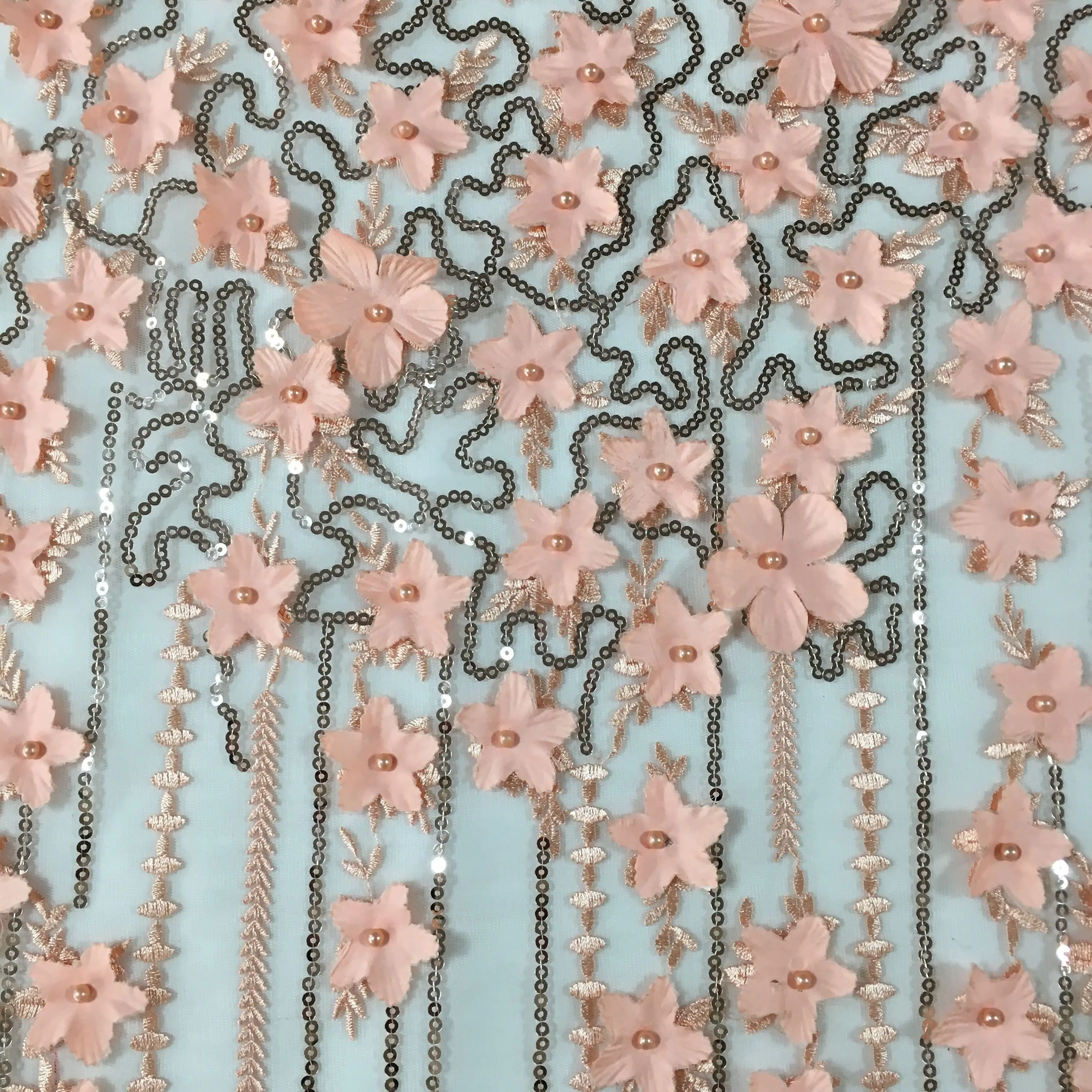 
3D flower french lace with handmade pearls luxury polyester mesh laser-cut sequins embroidery fabric for gown dresses 