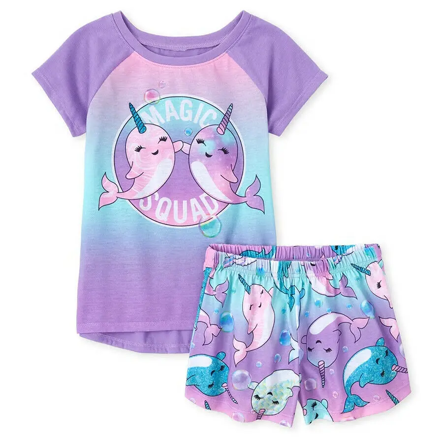 kids girls loungewear set 2022 latest summer  cotton carton breakable short-sleeve T-shirt sets